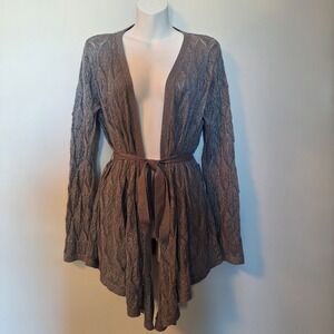 Spiegel Womens Silver Metallic Knit Open Front Belted Cardigan Size XL